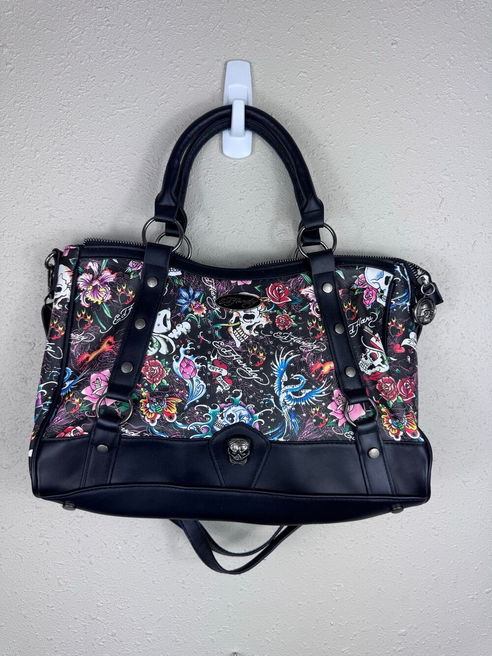 Ed Hardy black floral and skull satchel bag